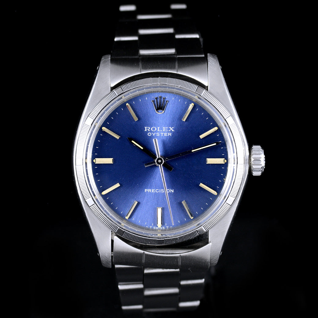 นาฬิกา Rolex Oyster Ref.6427 หน้าปัดสีฟ้า ขอบรางรถไฟ สายOysterแท้แบบม้วน นาฬิกาปี1975 ไขลาน ขนาด 34 mm