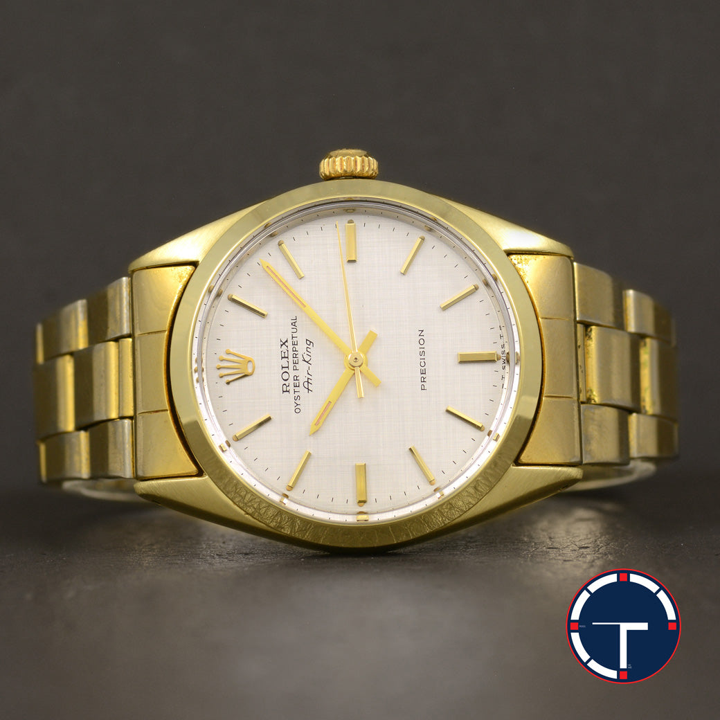 นาฬิกา Rolex Air-King Gold Capped Ref.5520 หน้าปัดลายผ้า ตัวเรือนทองหุ้ม มีสายเหล็กOysterแท้ทองหุ้ม นาฬิกาปี1971 Automatic ขนาด 34 mm