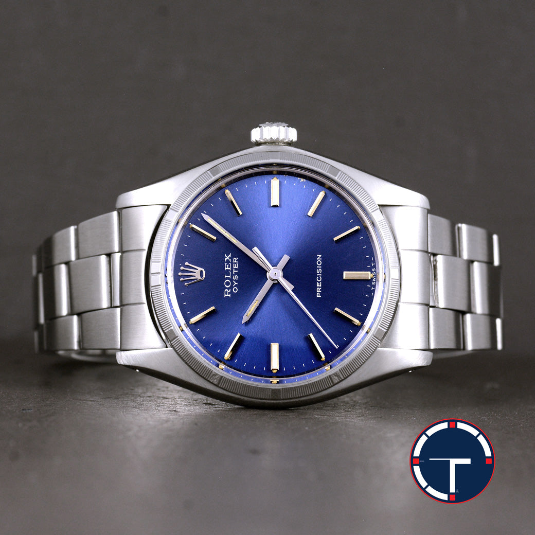 นาฬิกา Rolex Oyster Ref.6427 หน้าปัดสีฟ้า ขอบรางรถไฟ สายOysterแท้แบบม้วน นาฬิกาปี1975 ไขลาน ขนาด 34 mm