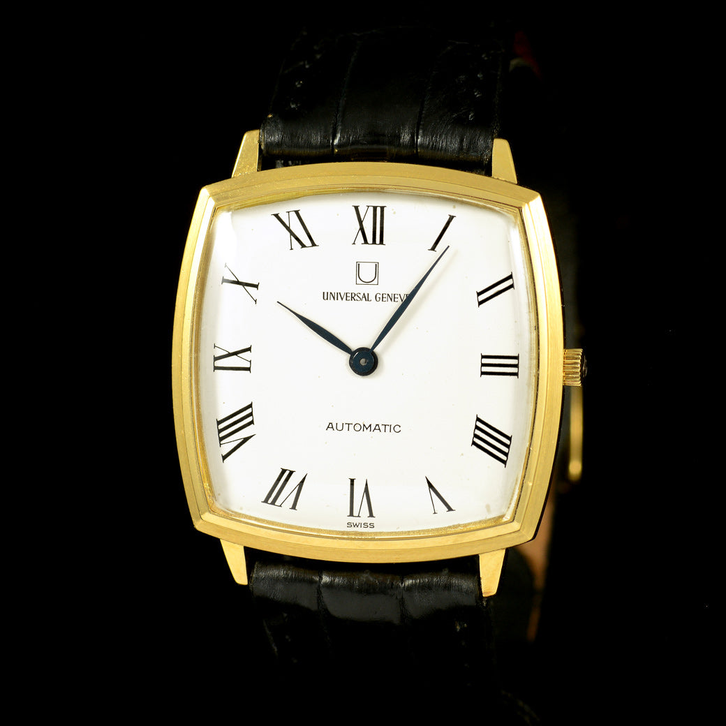 นาฬิกา Universal Golden Shadow Genève Ref.166100/01 Yellow Gold 18K Microrotor หน้าปัดสีขาว หลักชั่วโมงเลขโรมัน ตัวเรือนทองคำ18k Automatic ขนาด 32x32 mm