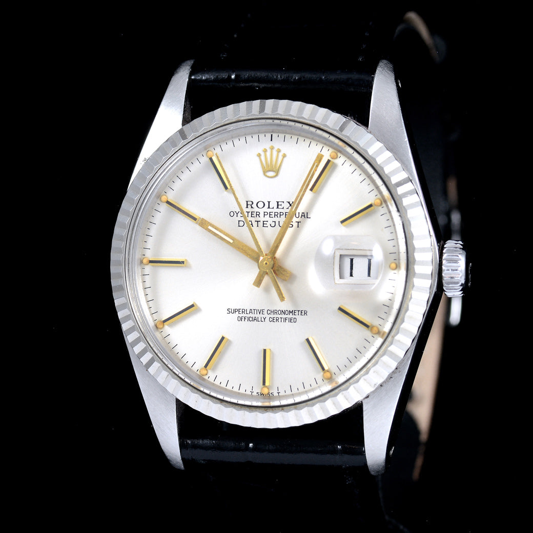 นาฬิกา Rolex DateJust Ref.16014 หน้าปัดสีเงิน หลักชั่วโมงสีทอง ขอบหยักทองคำขาว นาฬิกาปี1980 Automatic ขนาด 36 mm