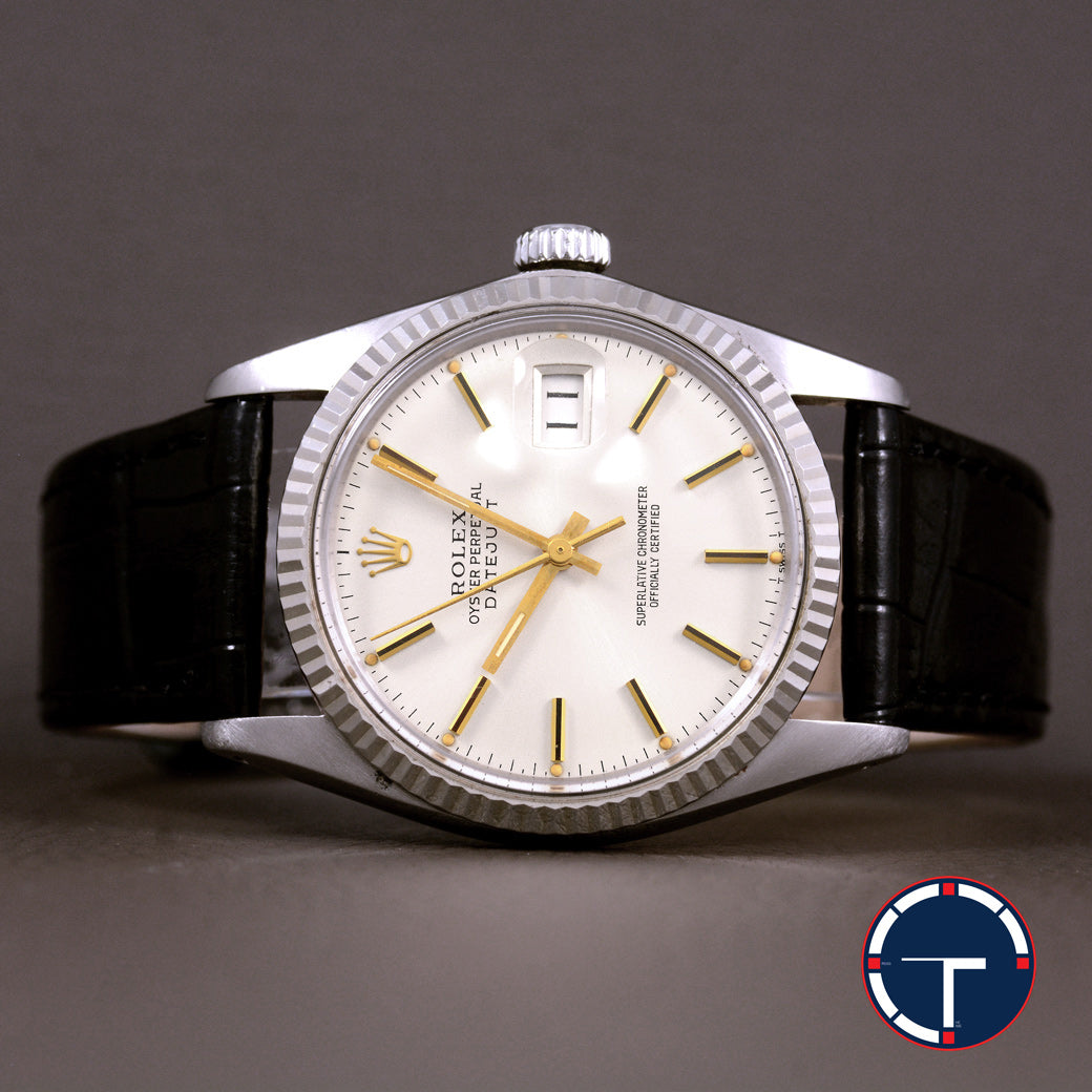 นาฬิกา Rolex DateJust Ref.16014 หน้าปัดสีเงิน หลักชั่วโมงสีทอง ขอบหยักทองคำขาว นาฬิกาปี1980 Automatic ขนาด 36 mm