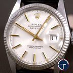 นาฬิกา Rolex DateJust Ref.16014 หน้าปัดสีเงิน หลักชั่วโมงสีทอง ขอบหยักทองคำขาว นาฬิกาปี1980 Automatic ขนาด 36 mm
