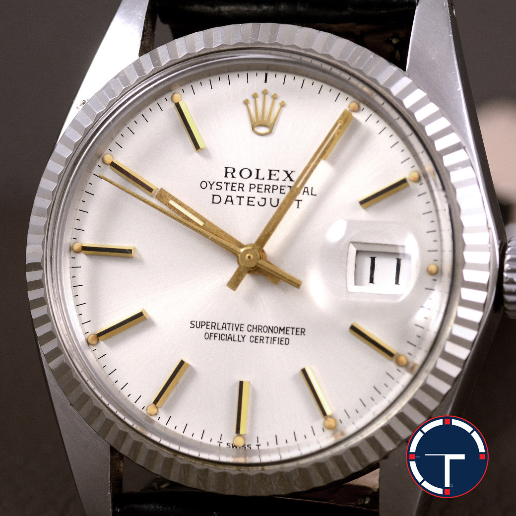 นาฬิกา Rolex DateJust Ref.16014 หน้าปัดสีเงิน หลักชั่วโมงสีทอง ขอบหยักทองคำขาว นาฬิกาปี1980 Automatic ขนาด 36 mm