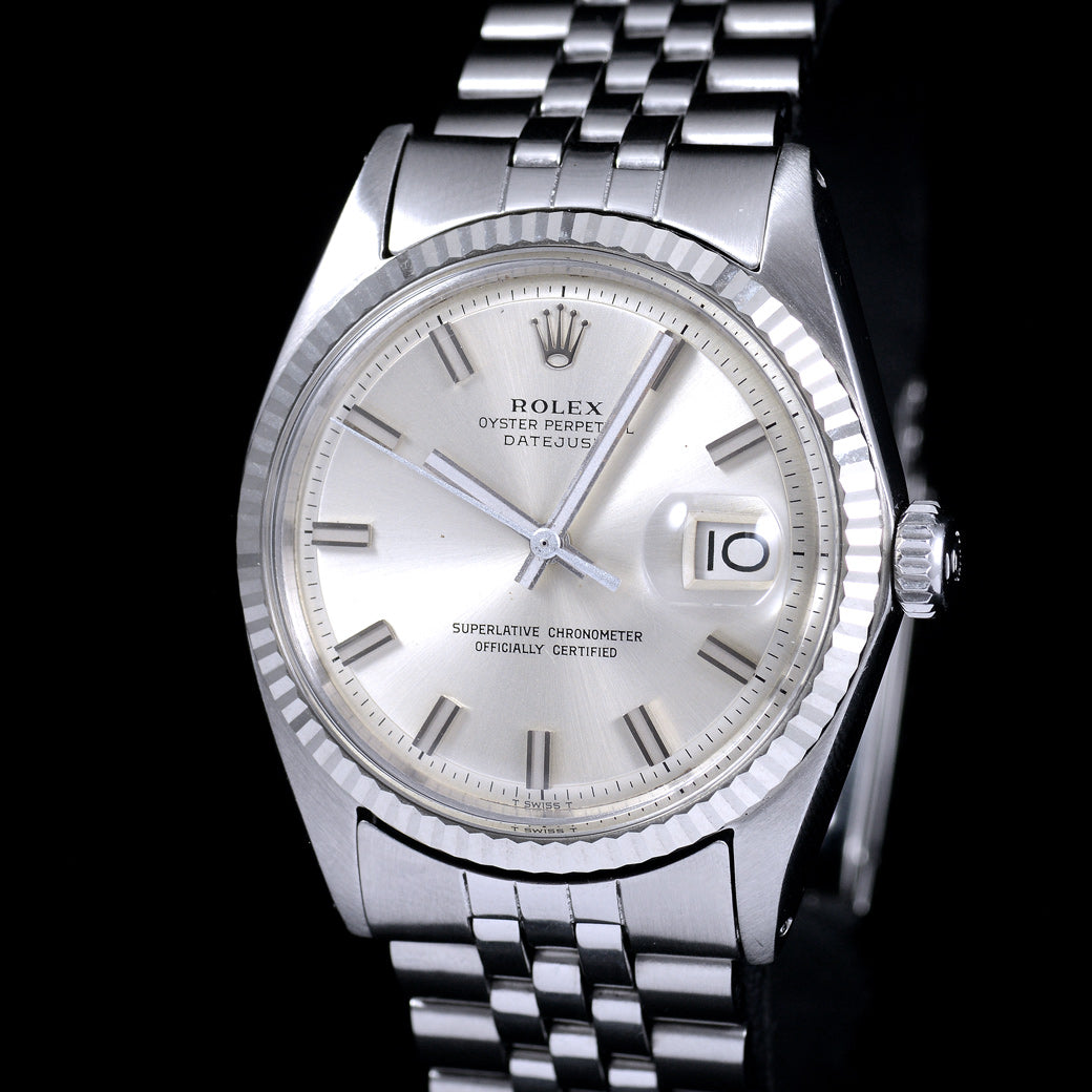 นาฬิกา Rolex DateJust Ref.1601 หน้าขาว2ชั้นWide-Boy ขอบทองคำขาว18K สายจูบีลี่แท้(แบบม้วน) นาฬิกาปี1971 Automatic ขนาด 36 mm