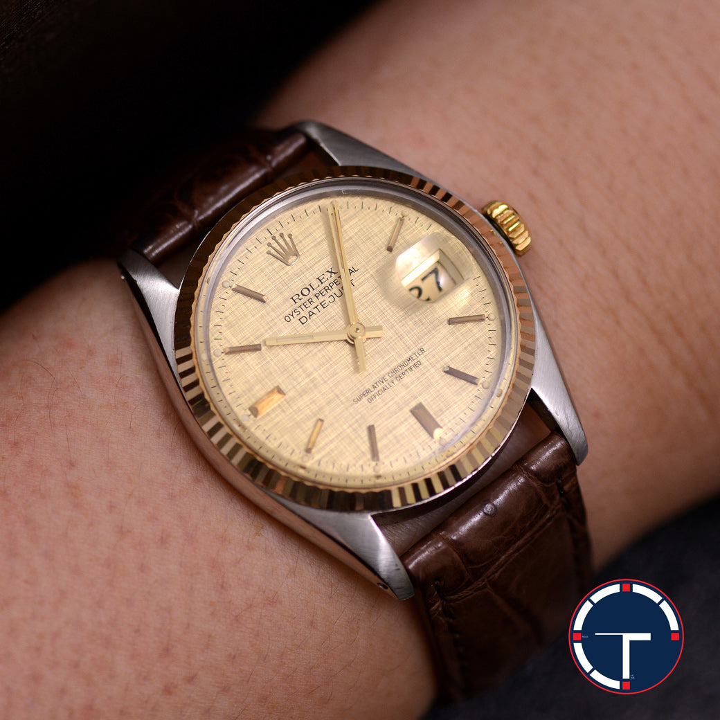 Rolex DateJust Ref.16013 หน้าปัดลายผ้า สีทอง ขอบหยักทองคำ18K นาฬิกาปี1986 Automatic ขนาด 36 mm