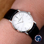 นาฬิกา Vacheron Constantin Extra-thin Ref.33093 White Dial, 18K White Gold หน้าปัดสีขาว ตัวเรือนทองคำขาวบางพิเศษ หลังเปลือย สายหนังแท้ หัวเข็มขัดแท้ ไขลาน ขนาด 31 mm