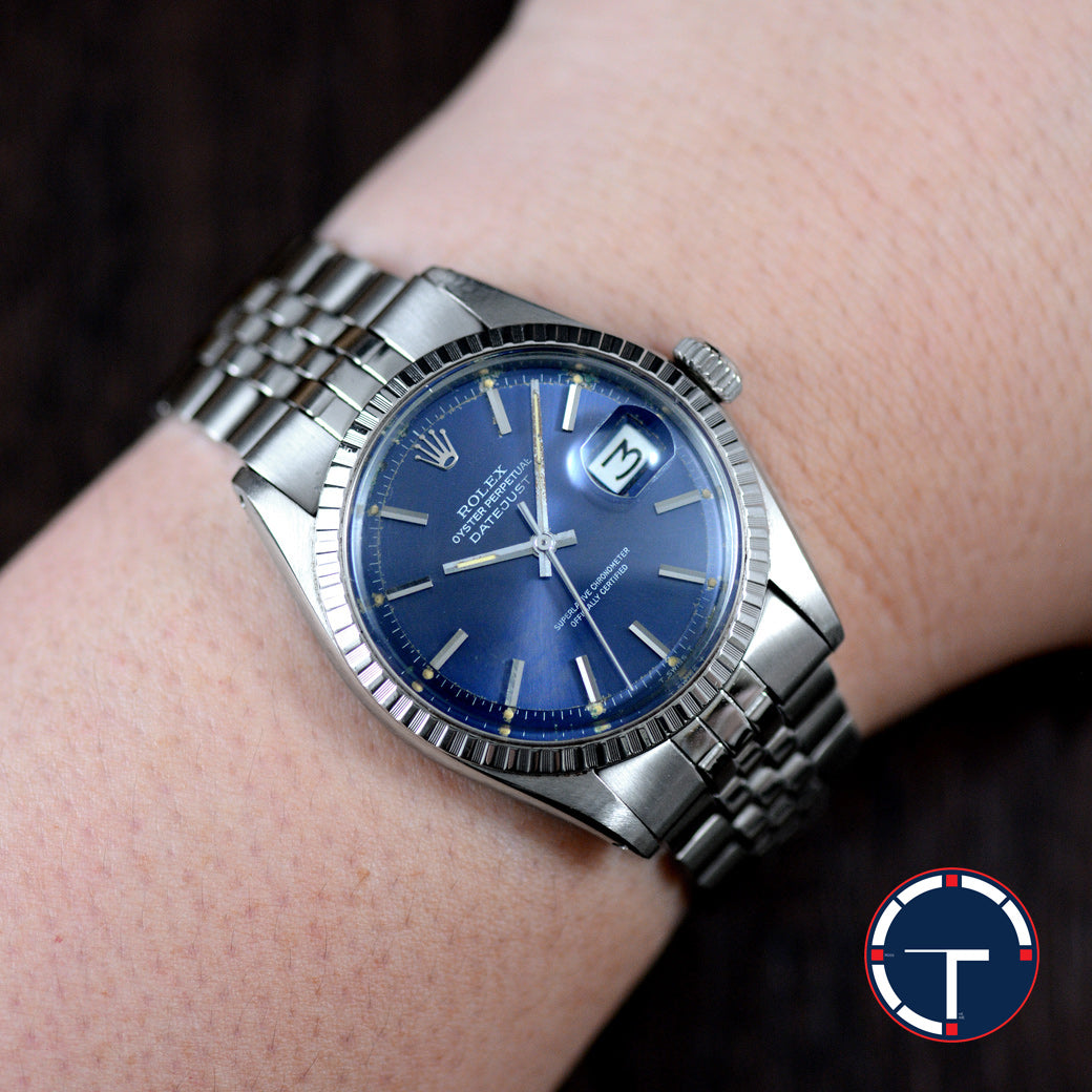 นาฬิกา Rolex DateJust Ref.1603 หน้าสีฟ้า2ชั้น ขอบEngine Turned สายจูบิรี่แท้(แบบม้วน) นาฬกาปี1972 Automatic ขนาด 36 mm
