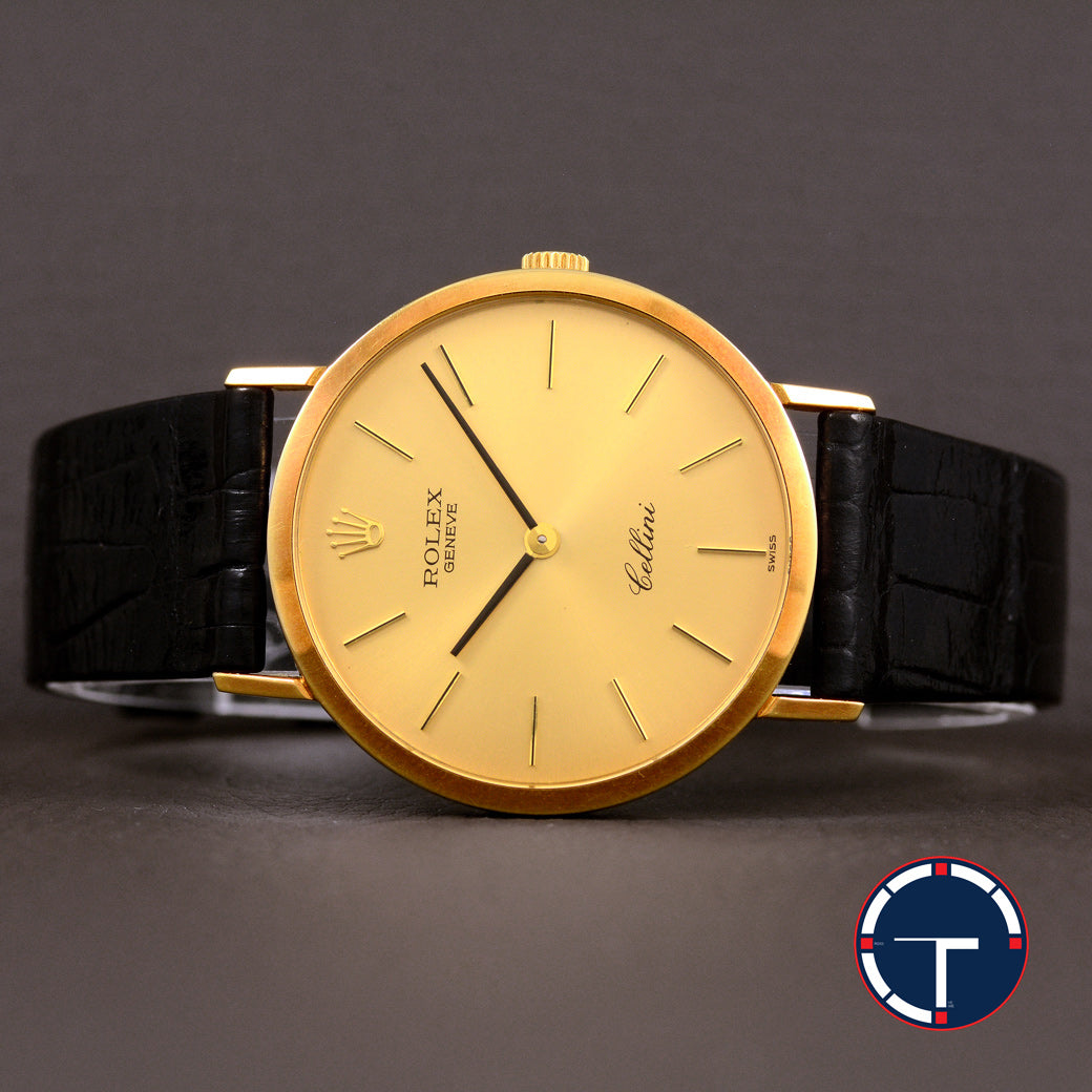 นาฬิกา Rolex Cellini "Unpolished" หน้าปัดสีทอง ตัวเรือนทองคำ18Kทรงกลม ตัวเรือนไม่เคยขัด สายหนังแท้ หัวเข็มขัดแท้ นาฬิกาปี1976 ไขลาน ขนาด 31 mm