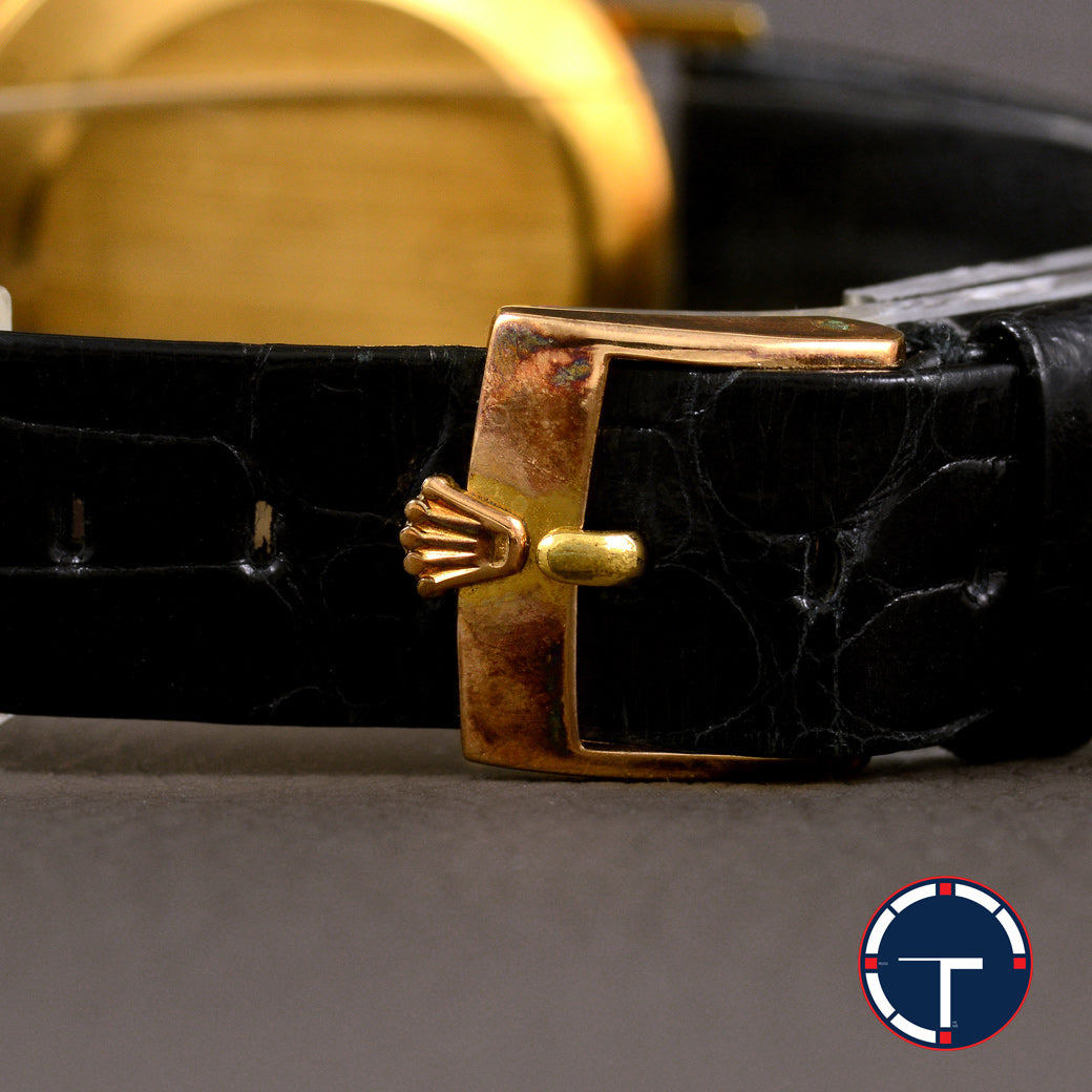 นาฬิกา Rolex Cellini "Unpolished" หน้าปัดสีทอง ตัวเรือนทองคำ18Kทรงกลม ตัวเรือนไม่เคยขัด สายหนังแท้ หัวเข็มขัดแท้ นาฬิกาปี1976 ไขลาน ขนาด 31 mm