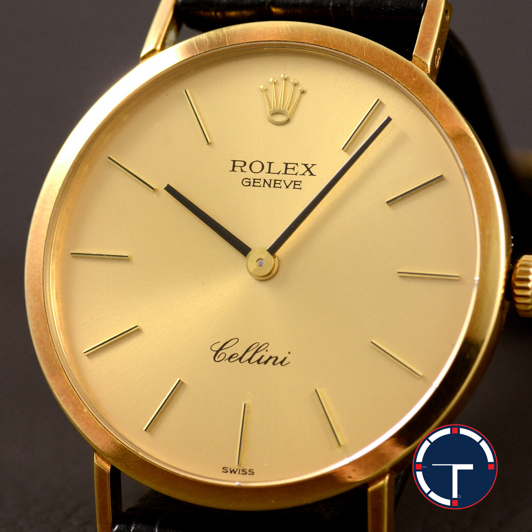 นาฬิกา Rolex Cellini "Unpolished" หน้าปัดสีทอง ตัวเรือนทองคำ18Kทรงกลม ตัวเรือนไม่เคยขัด สายหนังแท้ หัวเข็มขัดแท้ นาฬิกาปี1976 ไขลาน ขนาด 31 mm