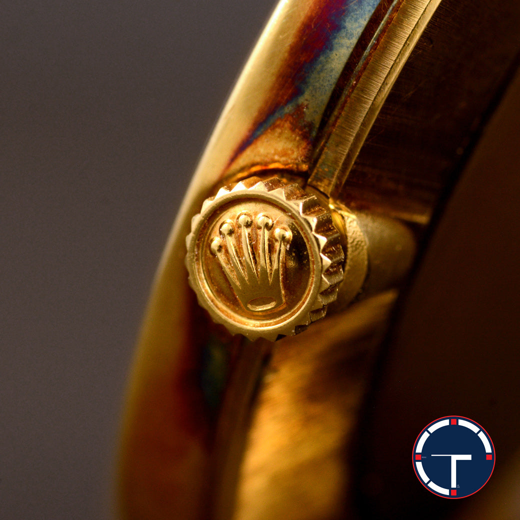 นาฬิกา Rolex Cellini "Unpolished" หน้าปัดสีทอง ตัวเรือนทองคำ18Kทรงกลม ตัวเรือนไม่เคยขัด สายหนังแท้ หัวเข็มขัดแท้ นาฬิกาปี1976 ไขลาน ขนาด 31 mm