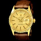นาฬิกา Rolex Day-Date Ref.1803 หน้าปัดลายผ้าสีทอง ขอบทองคำพีระมิด18Kประดับเพชร(ทำใหม่) ตัวเรือนทองคำ18K นาฬิกาปี1968 Automatic ขนาด 36 mm