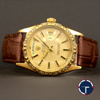 นาฬิกา Rolex Day-Date Ref.1803 หน้าปัดลายผ้าสีทอง ขอบทองคำพีระมิด18Kประดับเพชร(ทำใหม่) ตัวเรือนทองคำ18K นาฬิกาปี1968 Automatic ขนาด 36 mm