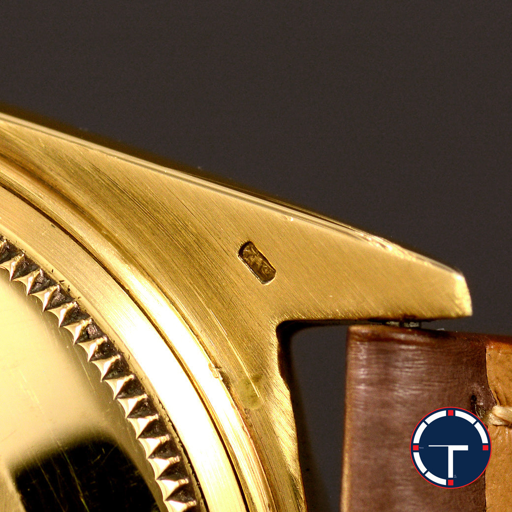 นาฬิกา Rolex Day-Date Ref.1803 หน้าปัดลายผ้าสีทอง ขอบทองคำพีระมิด18Kประดับเพชร(ทำใหม่) ตัวเรือนทองคำ18K นาฬิกาปี1968 Automatic ขนาด 36 mm