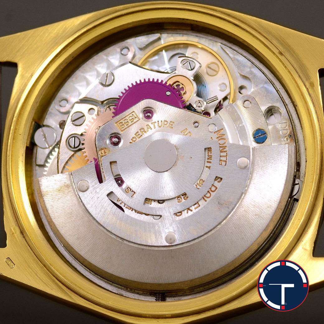 นาฬิกา Rolex Day-Date Ref.1803 หน้าปัดลายผ้าสีทอง ขอบทองคำพีระมิด18Kประดับเพชร(ทำใหม่) ตัวเรือนทองคำ18K นาฬิกาปี1968 Automatic ขนาด 36 mm