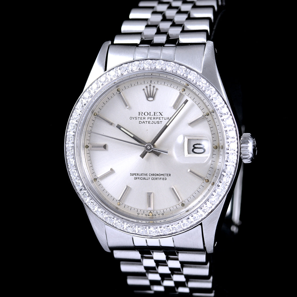 นาฬิกา Rolex DateJust Ref.1601 Sigma หน้าปัดสีเงิน หลักชั่วโมงทองคำขาว ขอบทองคำขาวฝังเพชร(ทำใหม่) สายจูบีลี่แท้ นาฬิกาปี1969 Automatic ขนาด 36 mm