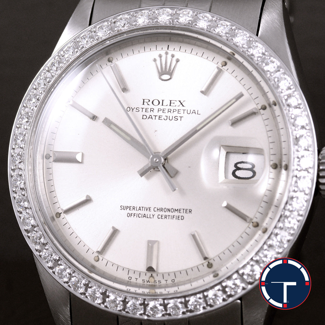 นาฬิกา Rolex DateJust Ref.1601 Sigma หน้าปัดสีเงิน หลักชั่วโมงทองคำขาว ขอบทองคำขาวฝังเพชร(ทำใหม่) สายจูบีลี่แท้ นาฬิกาปี1969 Automatic ขนาด 36 mm