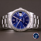 นาฬิกา Rolex DateJust Turn-O-Graph Thunderbird SeriesF Blue Dial Ref.16264 หน้าปัดสีน้ำเงิน ขอบทองคำขาว กระจกSapphireเลเซอร์ สายOysterแท้ นาฬิกาปี2005 Automatic ขนาด 36 mm