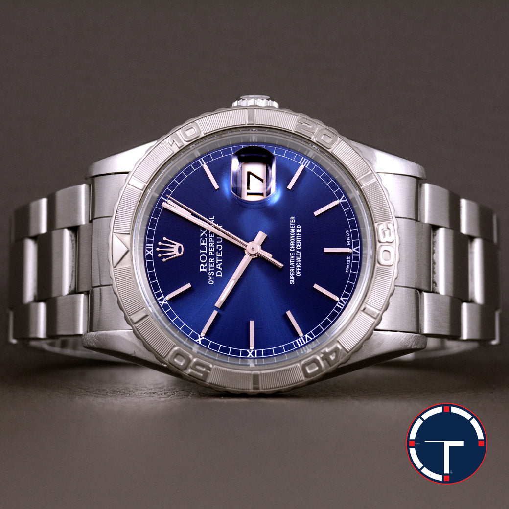 นาฬิกา Rolex DateJust Turn-O-Graph Thunderbird SeriesF Blue Dial Ref.16264 หน้าปัดสีน้ำเงิน ขอบทองคำขาว กระจกSapphireเลเซอร์ สายOysterแท้ นาฬิกาปี2005 Automatic ขนาด 36 mm