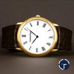 นาฬิกา Audemars Piguet(AP) Jules Audemars Yellow Gold 18K หน้าปัดสีขาว หลักชั่วโมงเลขโรมัน ตัวเรือนทองคำ18K สายหนังแท้ หัวเข็มขัดแท้ ไขลาน(Manual Winding) ขนาด 34 mm