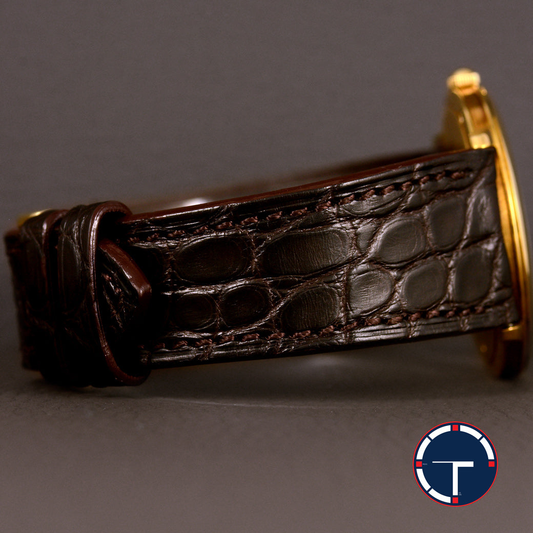 นาฬิกา Audemars Piguet(AP) Jules Audemars Yellow Gold 18K หน้าปัดสีขาว หลักชั่วโมงเลขโรมัน ตัวเรือนทองคำ18K สายหนังแท้ หัวเข็มขัดแท้ ไขลาน(Manual Winding) ขนาด 34 mm
