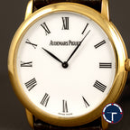 นาฬิกา Audemars Piguet(AP) Jules Audemars Yellow Gold 18K หน้าปัดสีขาว หลักชั่วโมงเลขโรมัน ตัวเรือนทองคำ18K สายหนังแท้ หัวเข็มขัดแท้ ไขลาน(Manual Winding) ขนาด 34 mm
