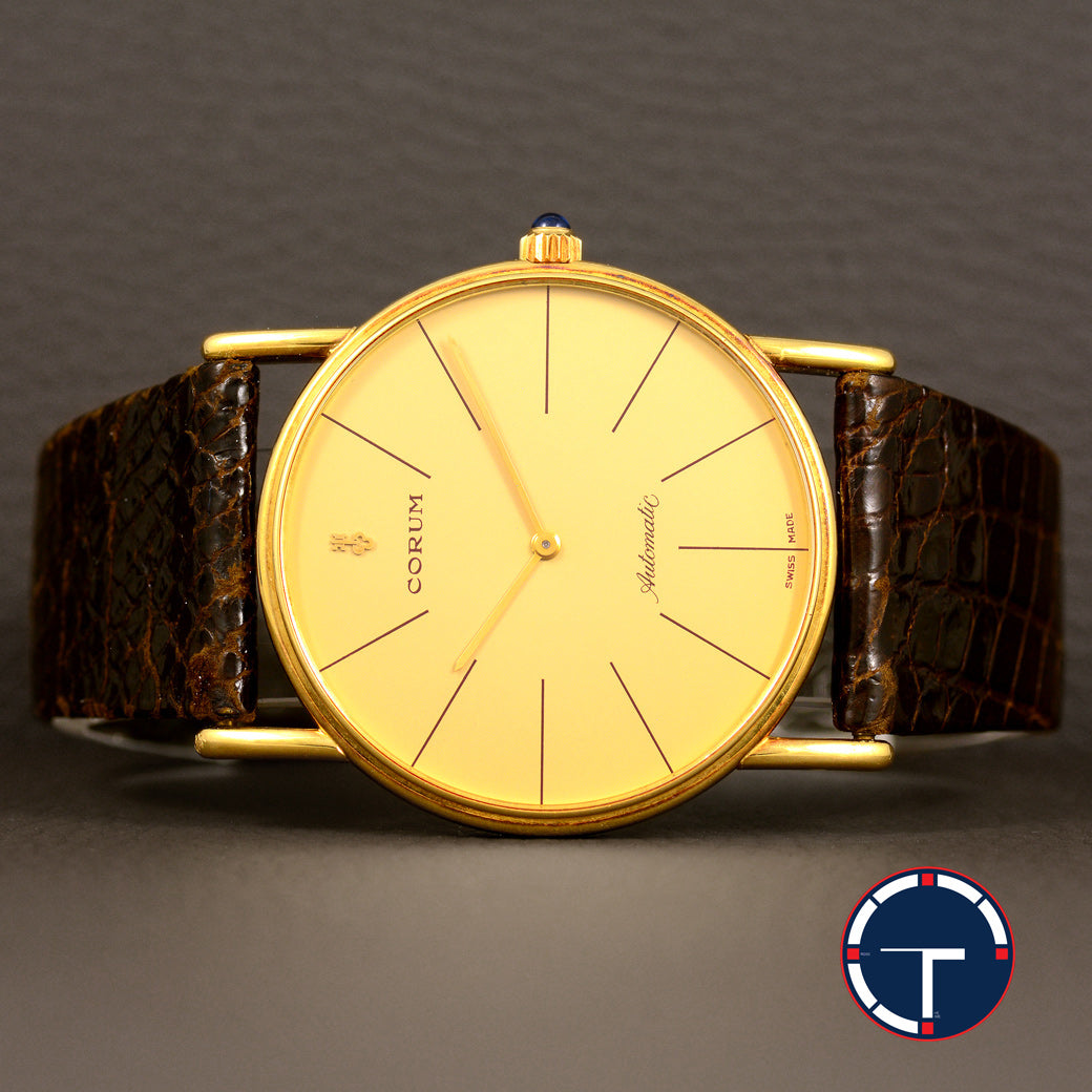 นาฬิกา Corum "Unpolished" Karesansui Garden Ref.58102 18K Yellow Gold หน้าปัดสีทอง ตัวเรือนทองคำ18K(แบบาง)"ไม่เคยขัด" สายหนังแท้ หัวเข็มขัดแท้ Automatic ขนาด 35 mm