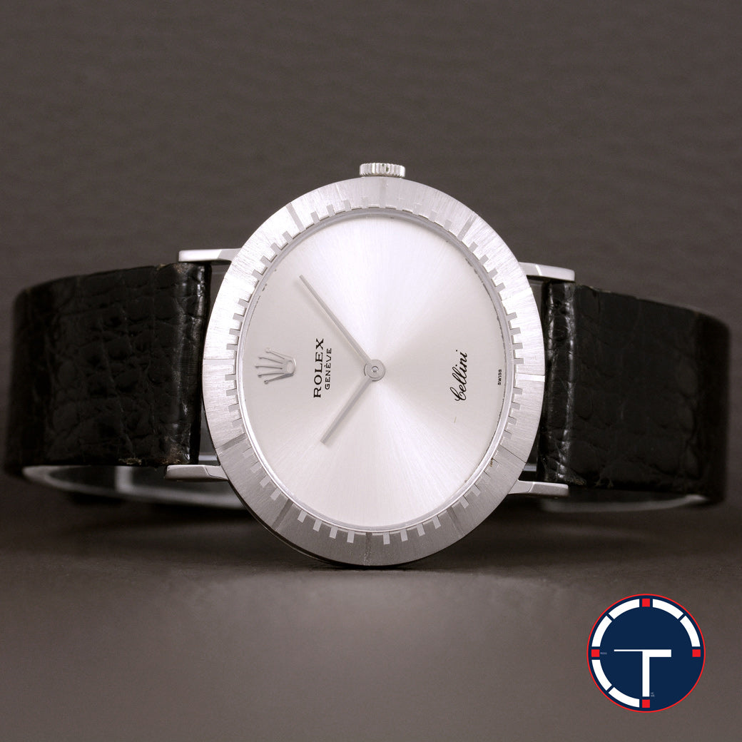 นาฬิกา Rolex Cellini "Unpolished" White Gold หน้าปัดสีเงิน ตัวเรือนทองคำขาวทรงไข่นอน ไม่เคยขัด สายหนังเดิม หัวเข็มขัดแท้ นาฬิกาปี1976 ไขลาน(Manual Winding) ขนาด 31 mm