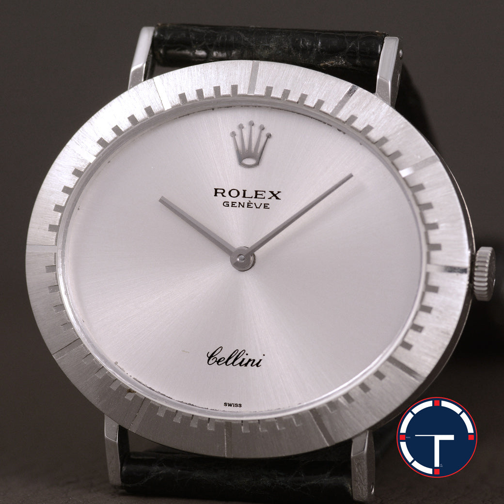 นาฬิกา Rolex Cellini "Unpolished" White Gold หน้าปัดสีเงิน ตัวเรือนทองคำขาวทรงไข่นอน ไม่เคยขัด สายหนังเดิม หัวเข็มขัดแท้ นาฬิกาปี1976 ไขลาน(Manual Winding) ขนาด 31 mm