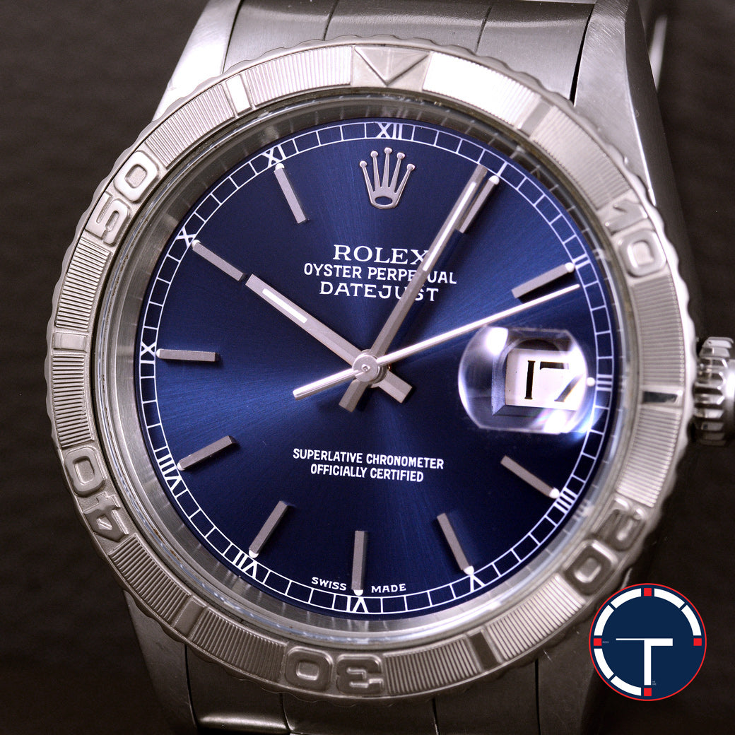 นาฬิกา Rolex DateJust Turn-O-Graph Thunderbird SeriesF Blue Dial Ref.16264 หน้าปัดสีน้ำเงิน ขอบทองคำขาว กระจกSapphireเลเซอร์ สายOysterแท้ นาฬิกาปี2005 Automatic ขนาด 36 mm