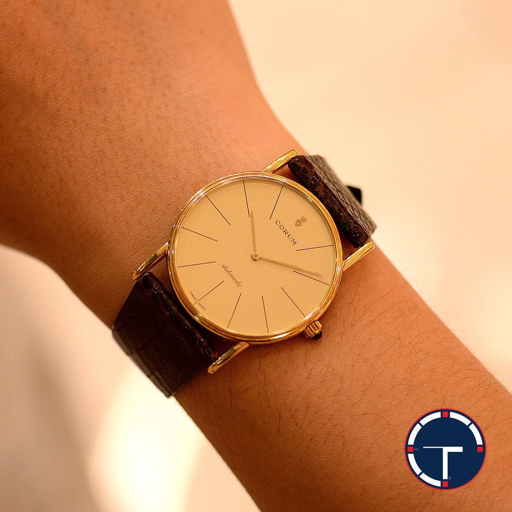 นาฬิกา Corum "Unpolished" Karesansui Garden Ref.58102 18K Yellow Gold หน้าปัดสีทอง ตัวเรือนทองคำ18K(แบบาง)"ไม่เคยขัด" สายหนังแท้ หัวเข็มขัดแท้ Automatic ขนาด 35 mm