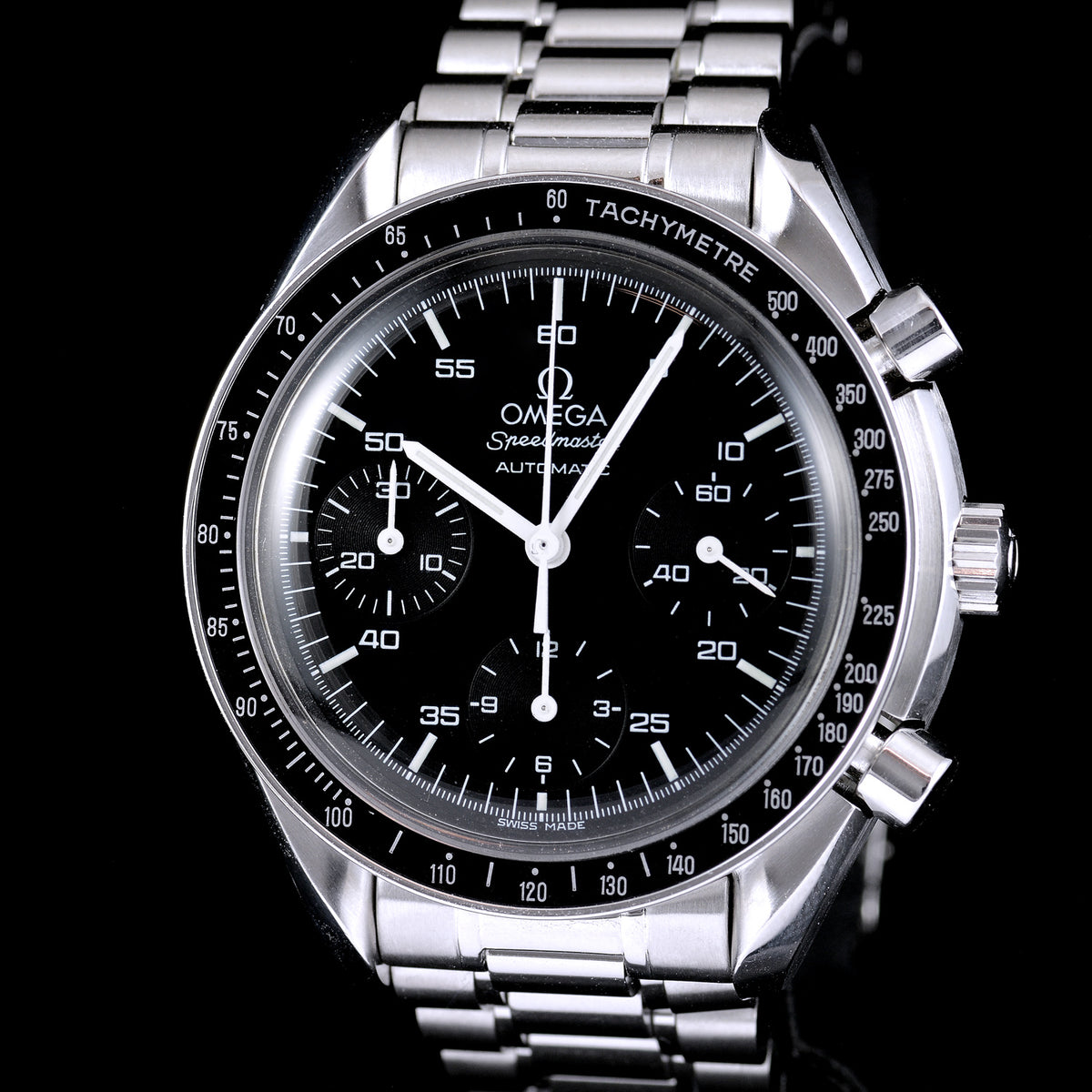 นาฬิกา Omega Speedmaster Reduced หน้าปัดสีดำ ตัวเรือนสแตนเลส สายเหล็กแท้ นาฬิกาปี1995 Automatic ขนาด 39 mm