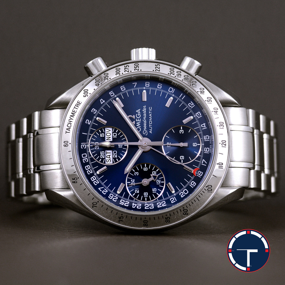 นาฬิกา Omega Speedmaster Tripledate Blue Dial หน้าปัดสีน้ำเงิน สายเหล็กแท้ นาฬิกาปี1995 Automatic ขนาด 39 mm