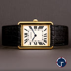 นาฬิกา Cartier Tank Solo watch 18K Yellow Gold หน้าปัดสีขาว หลักชั่วโมงเลขโรมัน สายหนังแท้ หัวเข็มขัดแท้ Quartz ขนาด 27.4x34.8 mm (Size L)
