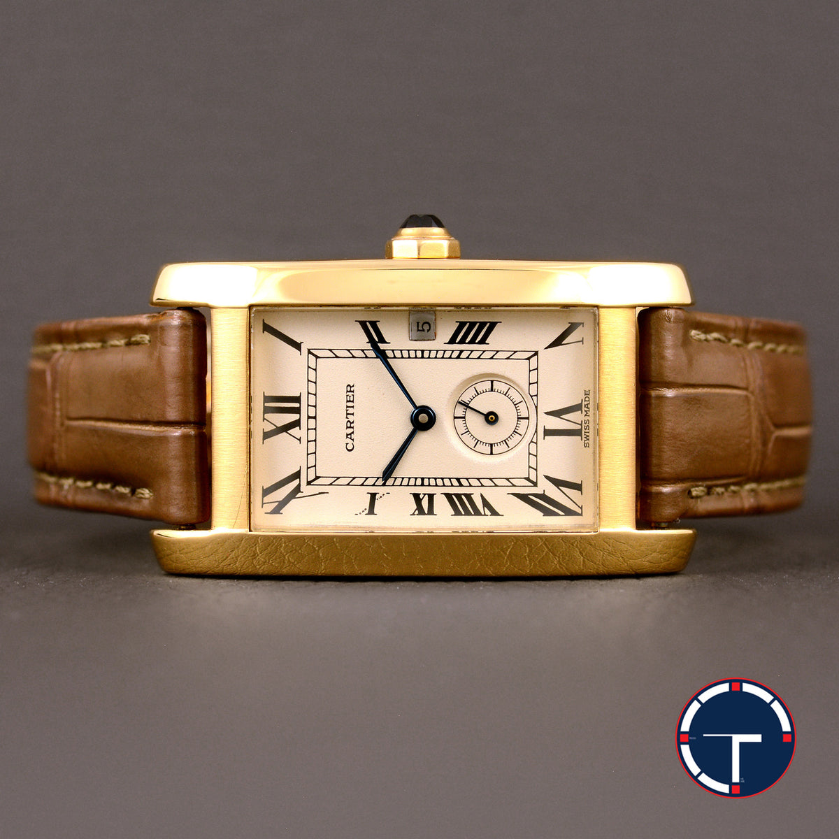 นาฬิกา Cartier Tank Américaine 18K Yellow Gold หน้าปัดสีครีม ตัวเรือนทองคำ18K สายหนังแท้ หัวเข็มขัดแท้ทองคำ18K Quartz ขนาด 22.5x41.5(Size M)