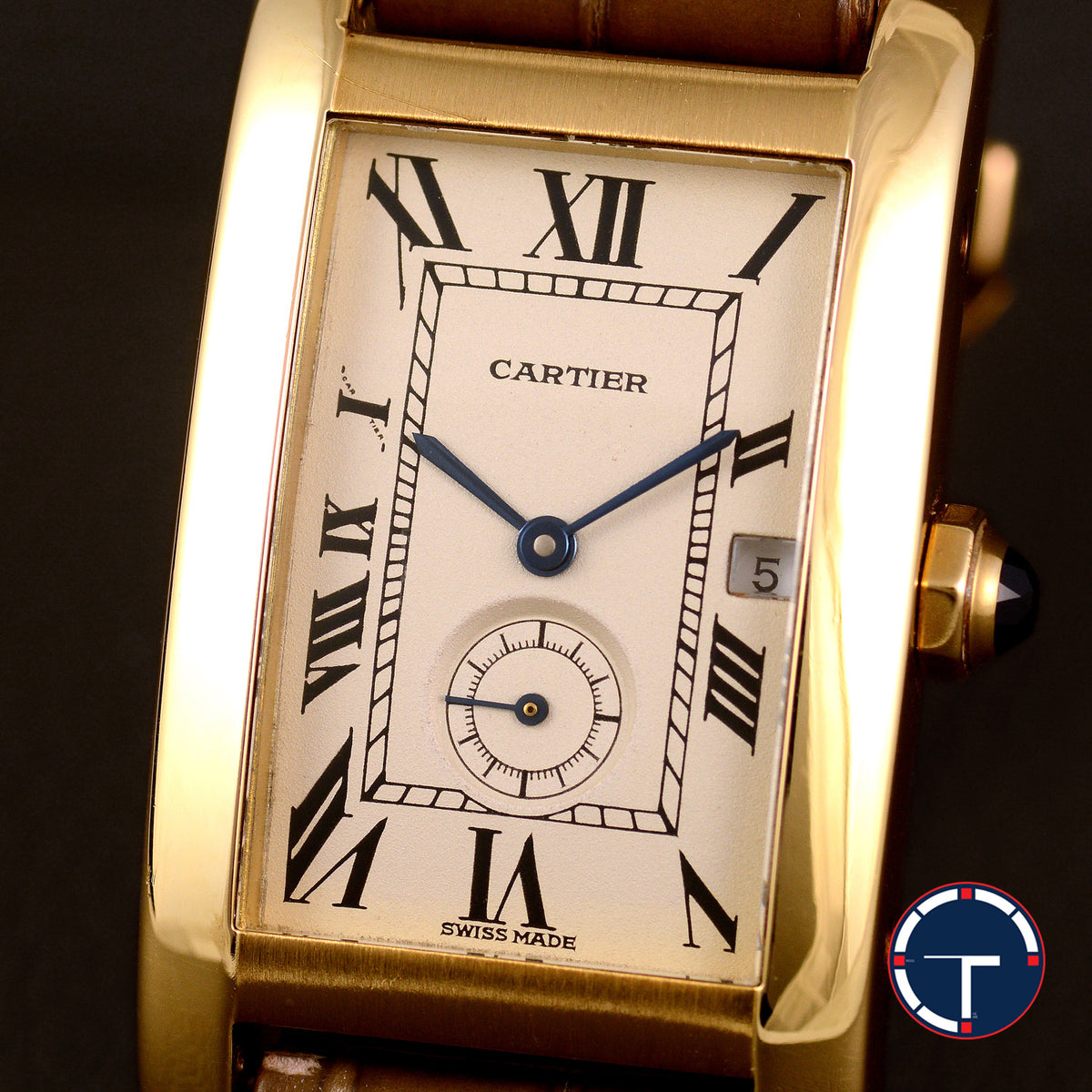 นาฬิกา Cartier Tank Américaine 18K Yellow Gold หน้าปัดสีครีม ตัวเรือนทองคำ18K สายหนังแท้ หัวเข็มขัดแท้ทองคำ18K Quartz ขนาด 22.5x41.5(Size M)