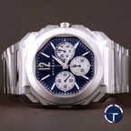 นาฬิกา Bvlgari Octo Finissimo Chronograph GMT หน้าปัดสีน้ำเงิน สายเหล็กแท้ หลังเปลือย กล่องและการ์ด Automatic ขนาด 43 mm