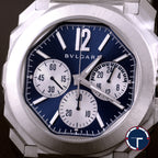 นาฬิกา Bvlgari Octo Finissimo Chronograph GMT หน้าปัดสีน้ำเงิน สายเหล็กแท้ หลังเปลือย กล่องและการ์ด Automatic ขนาด 43 mm