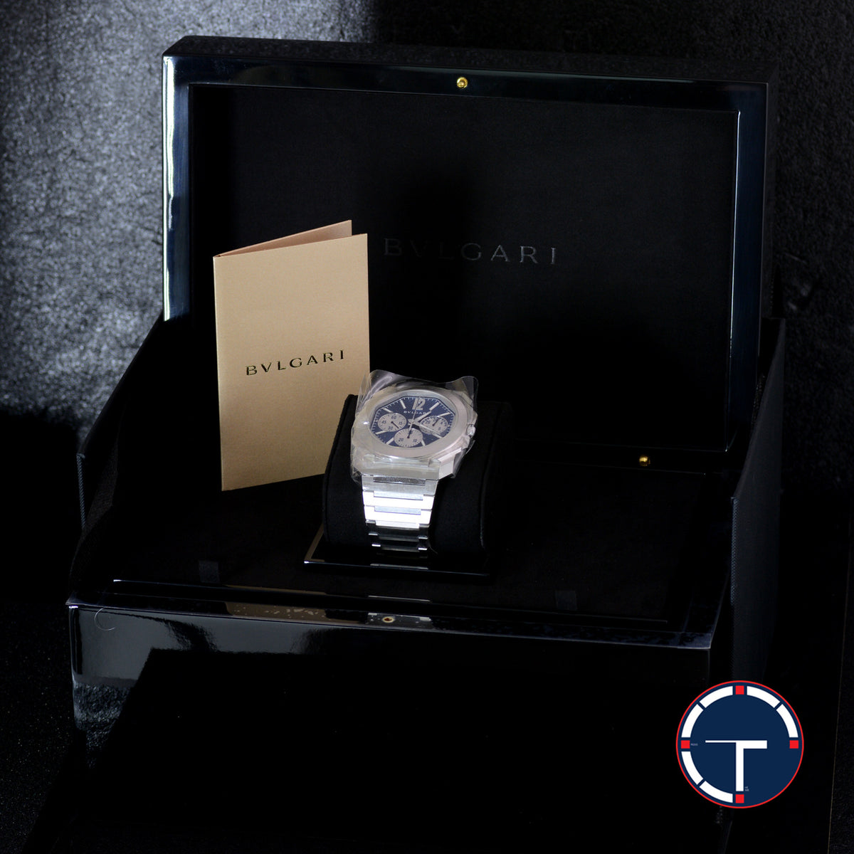 นาฬิกา Bvlgari Octo Finissimo Chronograph GMT หน้าปัดสีน้ำเงิน สายเหล็กแท้ หลังเปลือย กล่องและการ์ด Automatic ขนาด 43 mm
