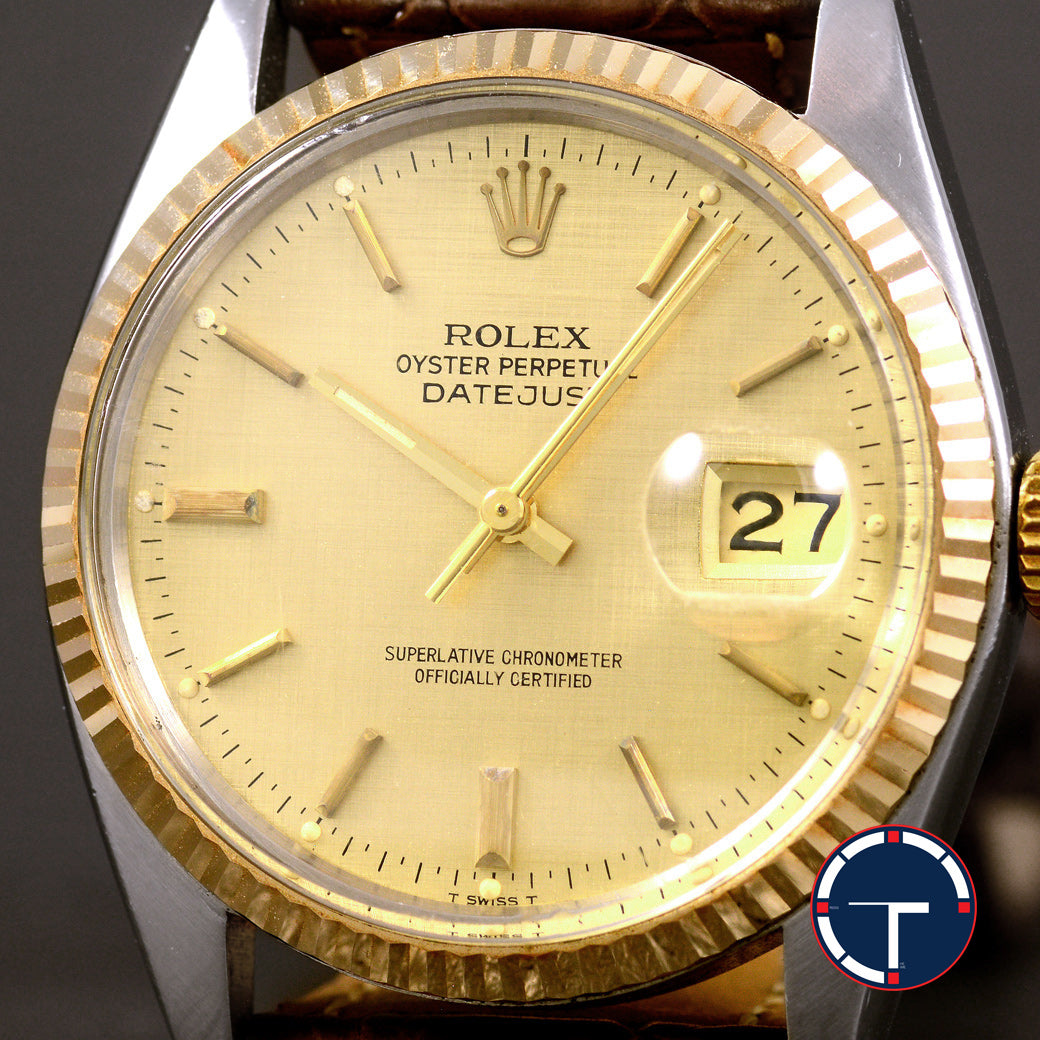 Rolex DateJust Ref.16013 หน้าผ้าสีทอง ขอบหยักทองคำ18K นาฬิกาปี1986 Automatic ขนาด 36 mm
