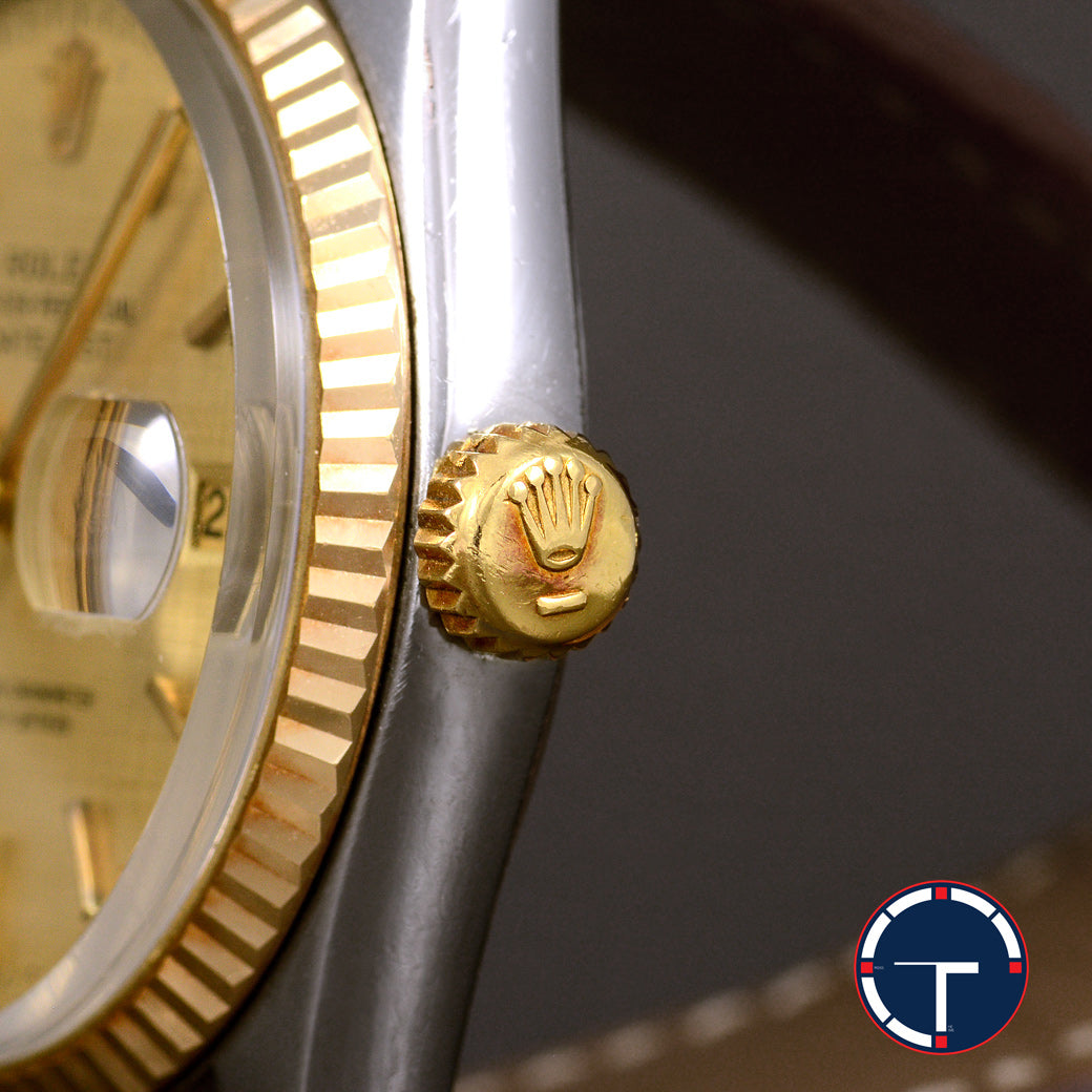 Rolex DateJust Ref.16013 หน้าผ้าสีทอง ขอบหยักทองคำ18K นาฬิกาปี1986 Automatic ขนาด 36 mm