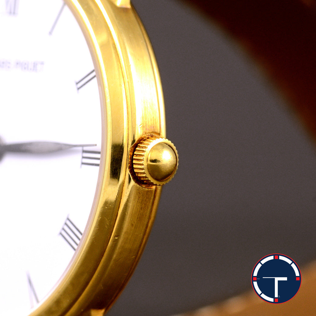 นาฬิกา Audemars Piguet (AP) Vintage 18K Yellow Gold Original Buckle หน้าปัดสีขาว หลักชั่วโมงเลขโรมัน ตัวเรือนทองคำ18K หัวเข็มขัดแท้ Quartz ขนาด 31 mm