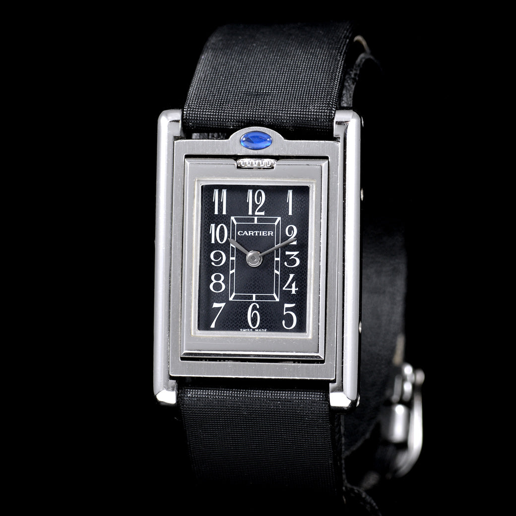 นาฬิกา Cartier Unpolished Tank Basculante Ref.2386 หน้าปัดสีดำ หลักชั่วโมงเลขอารบิก สายผ้าแท้ หัวเข็มขัด Quartz ขนาด 22 x 32 mm
