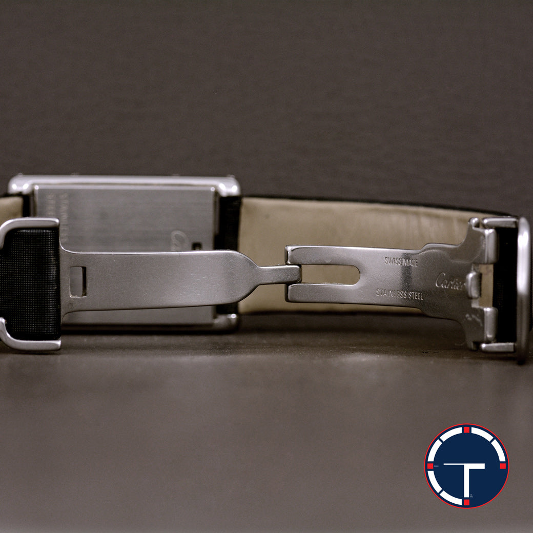 นาฬิกา Cartier Unpolished Tank Basculante Ref.2386 หน้าปัดสีดำ หลักชั่วโมงเลขอารบิก สายผ้าแท้ หัวเข็มขัด Quartz ขนาด 22 x 32 mm