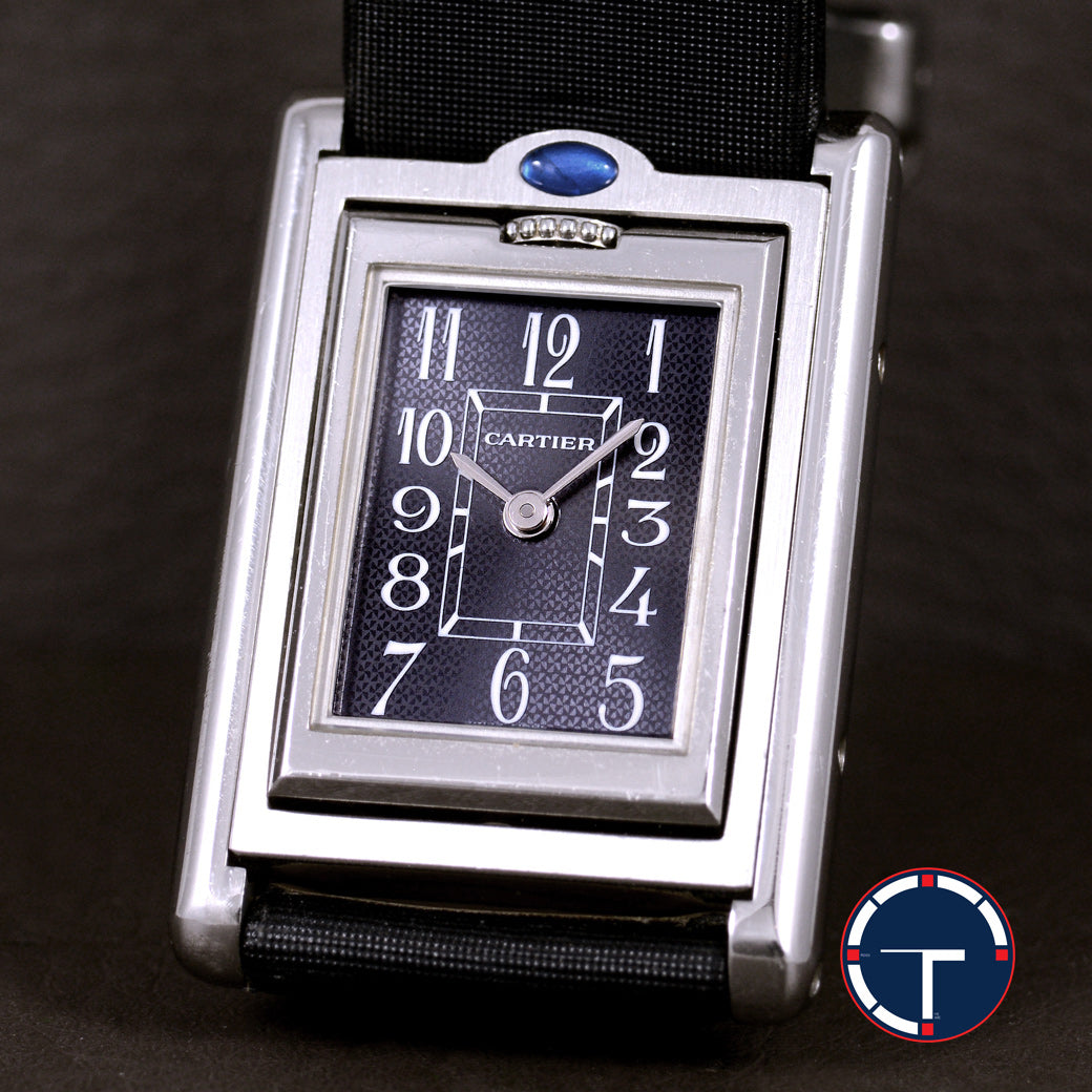 นาฬิกา Cartier Unpolished Tank Basculante Ref.2386 หน้าปัดสีดำ หลักชั่วโมงเลขอารบิก สายผ้าแท้ หัวเข็มขัด Quartz ขนาด 22 x 32 mm