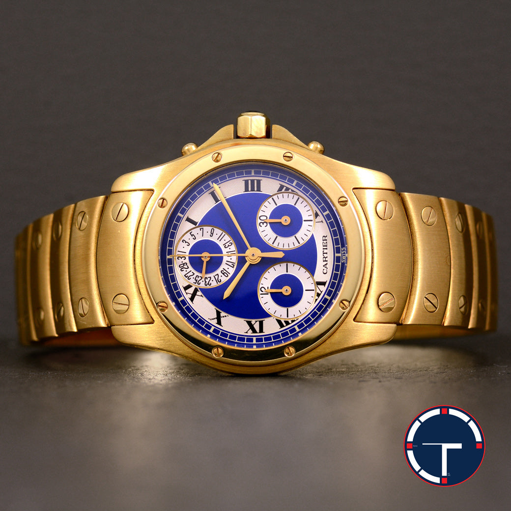 นาฬิกา Cartier "Unpolished" Santos Ronde Chronograph Ref.1500 Blue Dial 18k Yellow Gold น้าปัดวงน้ำเงิน ตัวเรือนและสายทองคำ18k Quartz ขนาด 31 mm