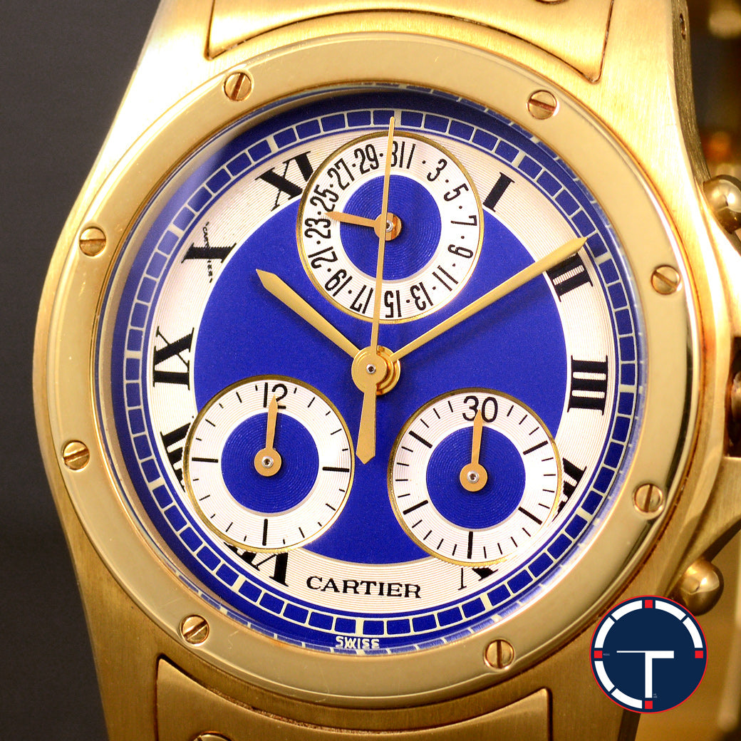 นาฬิกา Cartier "Unpolished" Santos Ronde Chronograph Ref.1500 Blue Dial 18k Yellow Gold น้าปัดวงน้ำเงิน ตัวเรือนและสายทองคำ18k Quartz ขนาด 31 mm