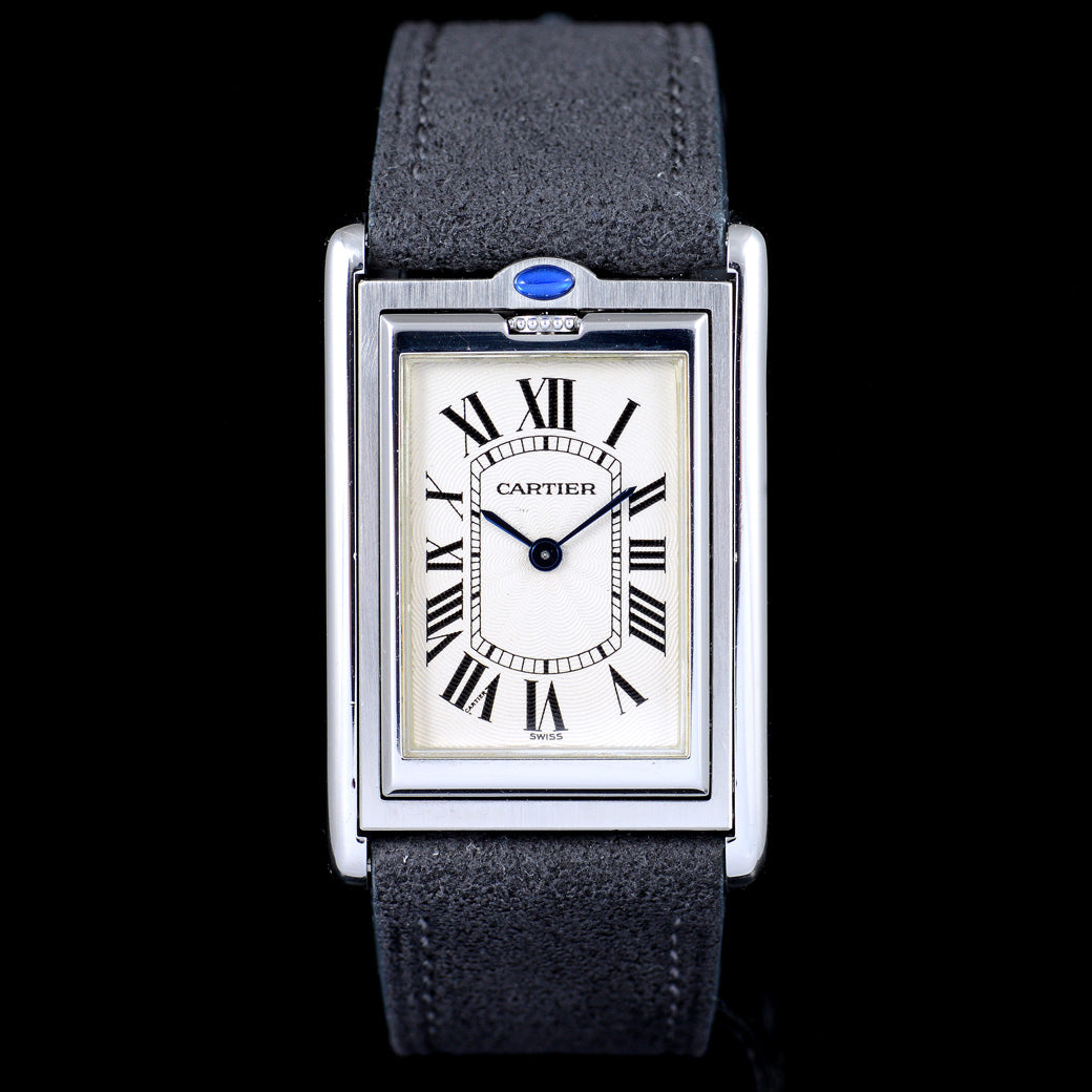 นาฬิกา Cartier Tank Basculante(บาส-คู-แลน-เต้) Ref.2390 หน้าปัดสีขาวลายGuilloché(กิโยเช่) หลักชั่วโมงเลขโรมัน หัวเข็มขัดแท้ ไขลาน ขนาด 38x25 mm