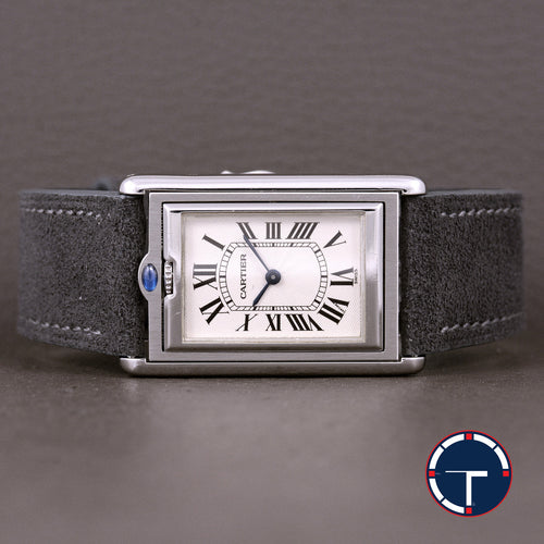 นาฬิกา Cartier Tank Basculante(บาส-คู-แลน-เต้) Ref.2390 หน้าปัดสีขาวลายGuilloché(กิโยเช่) หลักชั่วโมงเลขโรมัน หัวเข็มขัดแท้ ไขลาน ขนาด 38x25 mm